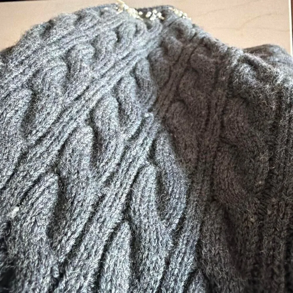 LoveShackFancy Charcoal Grey 100% Merino Wool Pearl Embellished Cardigan